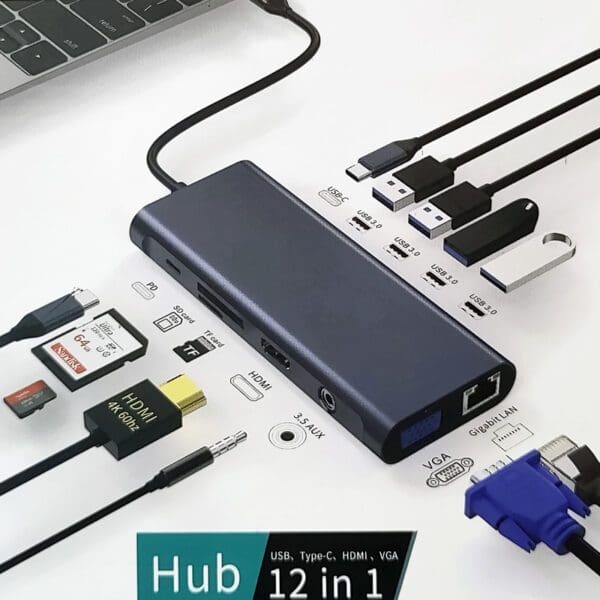 12 IN 1 USBC - HDMI/VGA / RJ45 / 4 USB-A / 2 USBC / 3.5 / SD