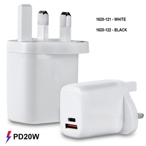 2 PORT 1X USB A QC3 & 1 X USB-C PD MAINS CHARGER 20W - WHITE