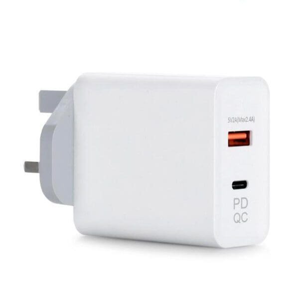 2 PORT 1X USB A QC3 & 1 X USB-C PD MAINS CHARGER 45W - WHITE