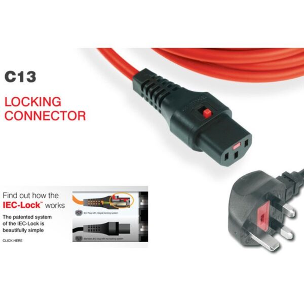 UK MAINS CABLE - UK PLUG TO LOCKING IEC C13 SOCKET