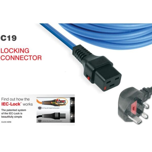 2M UK MAINS PLUG TO IEC C19 SOCKET POWER CABLE - LOCKABLE