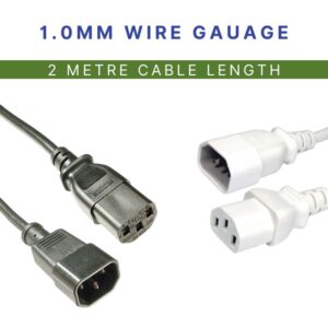 2M C13 to C14 IEC Extension Cable - 1.0mm Wire Gauge
